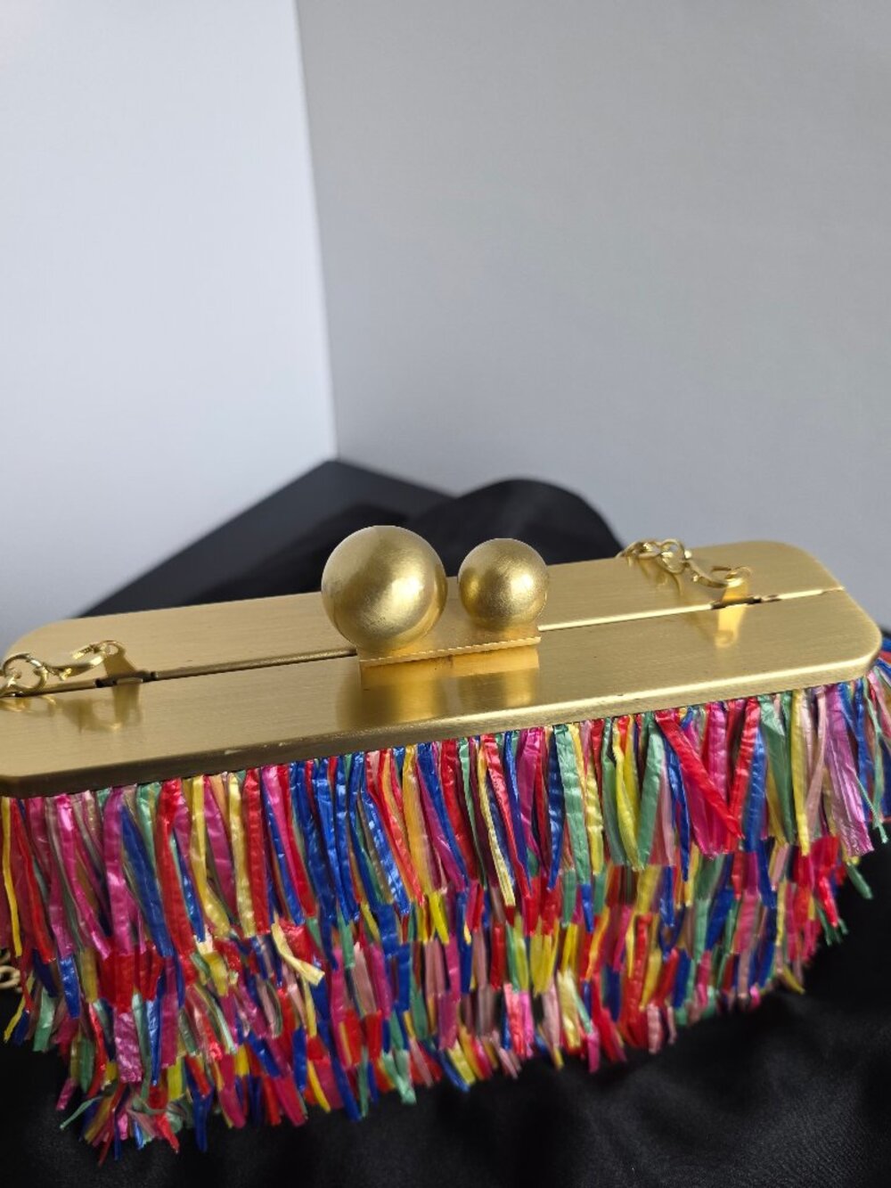 Olga Berg Carlita Carnivale Clutch Bag Multicolor Raffia Gold Frame Chain Strap - Picture 3 of 16
